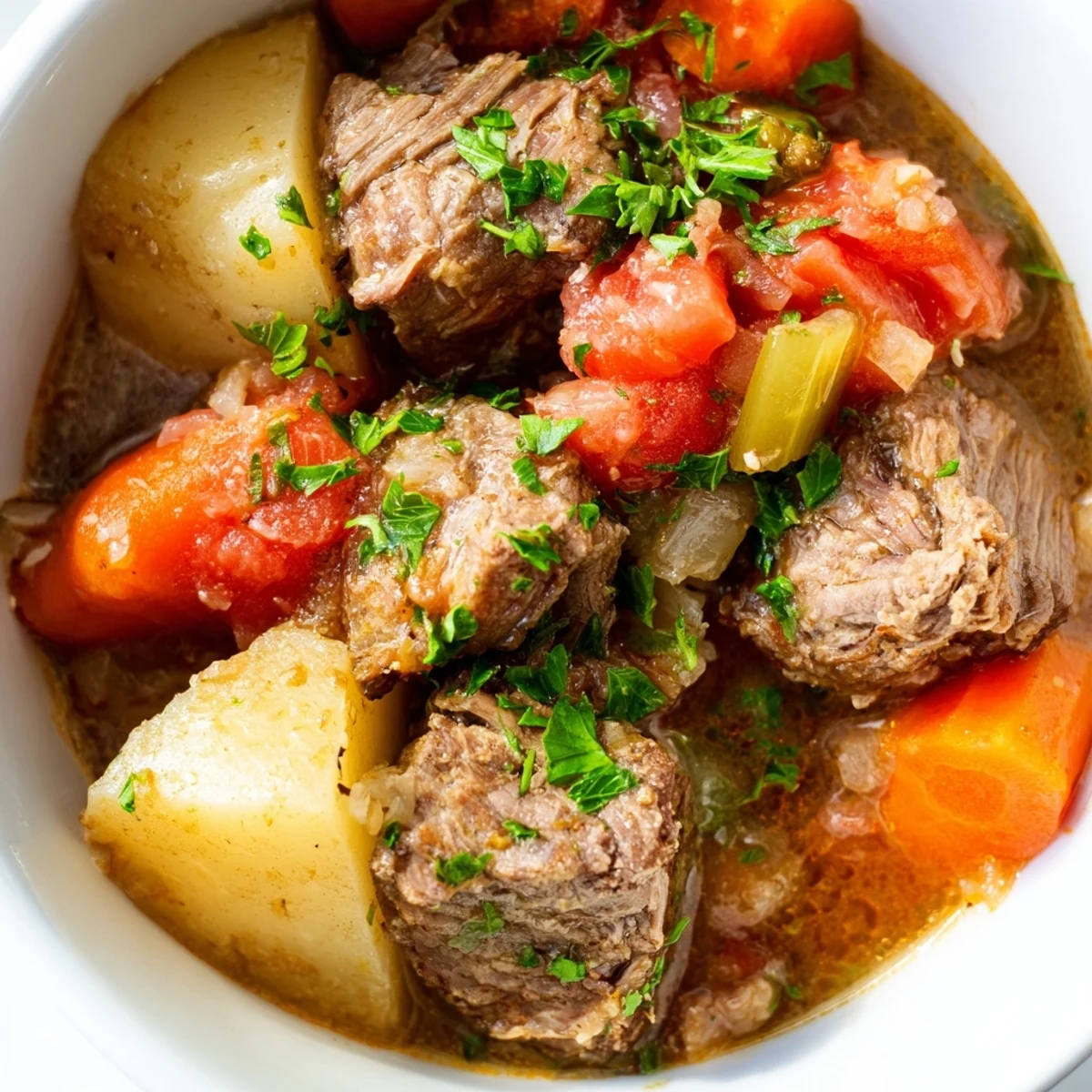 Gluten-free Slow Cooker Meal Pot garnished with fresh parsley, ready to serve with crusty bread.
