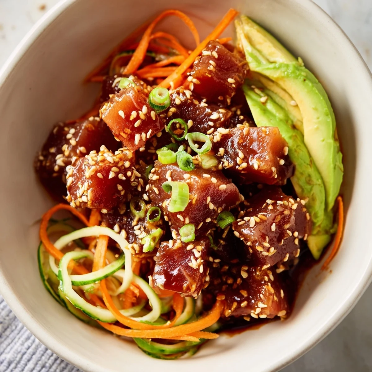 A close-up of a spicy tuna poke bowl with diced marinated tuna, creamy avocado slices, and crisp veggies on fluffy sushi rice.