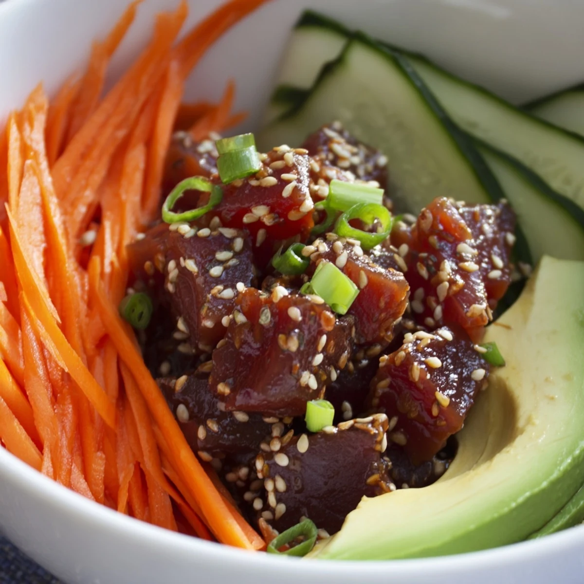 Healthy Hawaiian-inspired spicy tuna poke bowl with avocado and sesame seeds, served in a white bowl for a colorful dinner idea.