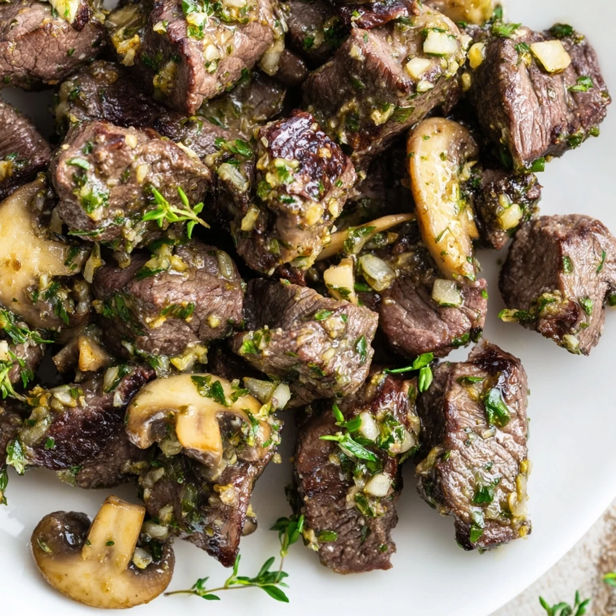 Golden-brown Garlic Butter Steak Bites with Mushrooms are garnished with fresh parsley and served alongside creamy mashed potatoes.