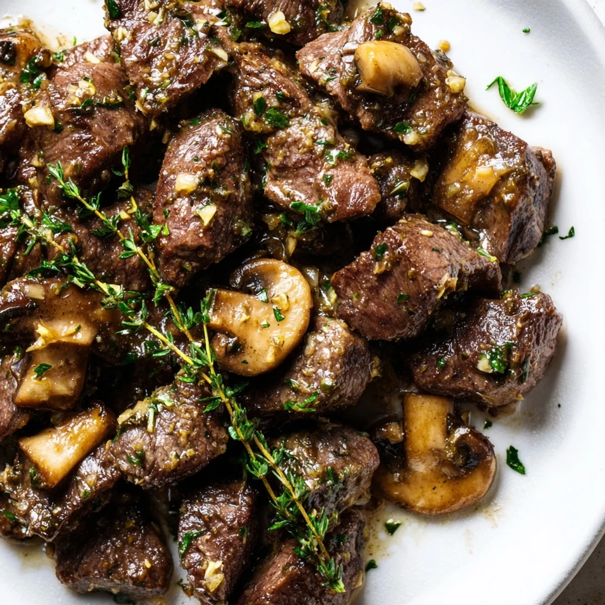 Sizzling skillet of Garlic Butter Steak Bites with Mushrooms, featuring juicy steak cubes and sautéed cremini mushrooms.