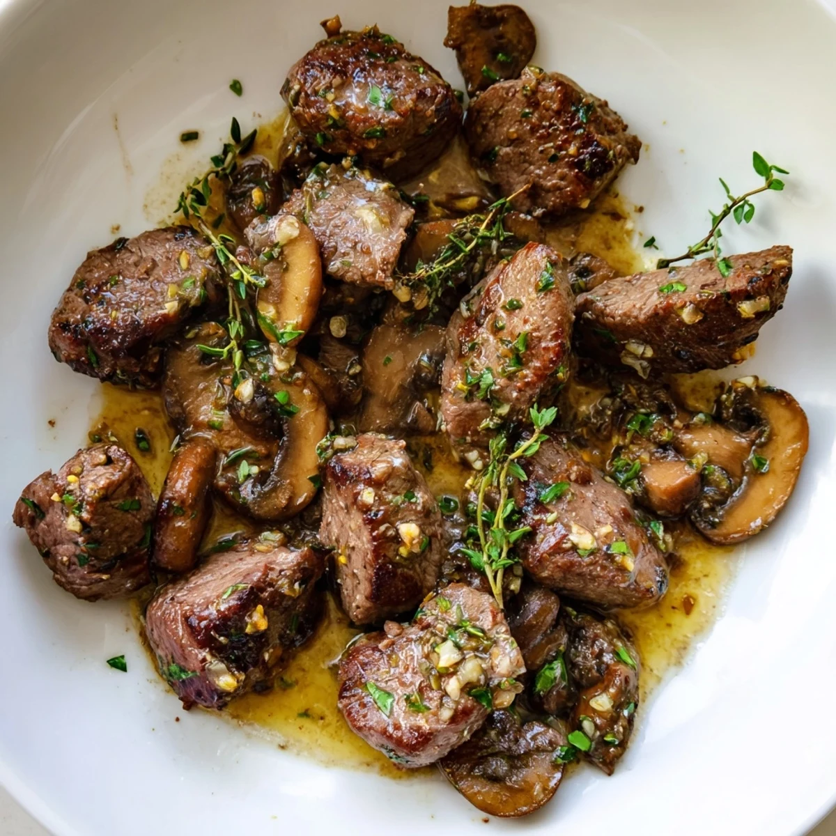 A close-up view of tender Garlic Butter Steak Bites with Mushrooms coated in a rich, bubbling garlic butter sauce.