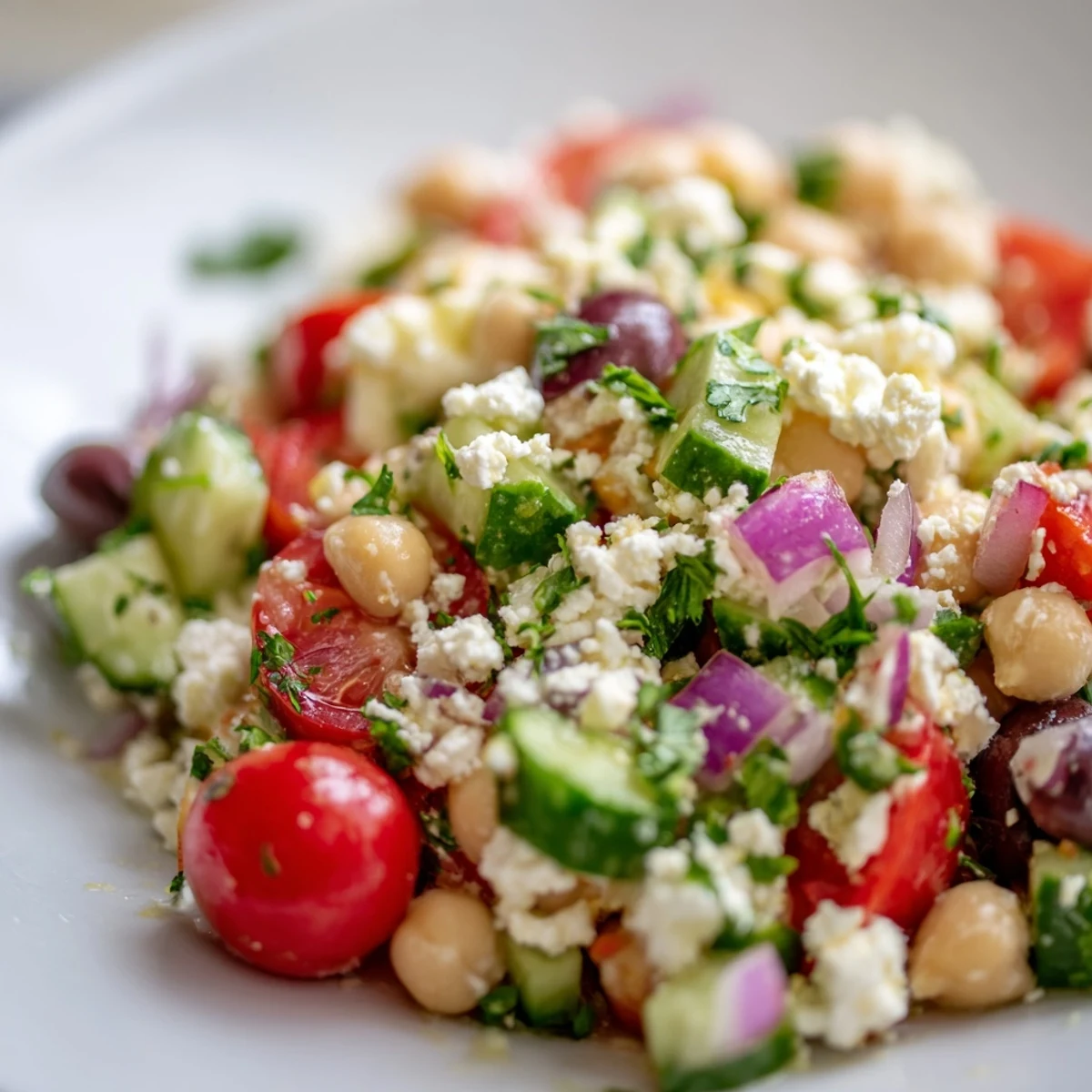 Fresh Mediterranean Chickpea salad with crisp cucumbers, cherry tomatoes, and crumbled feta cheese in a white bowl.