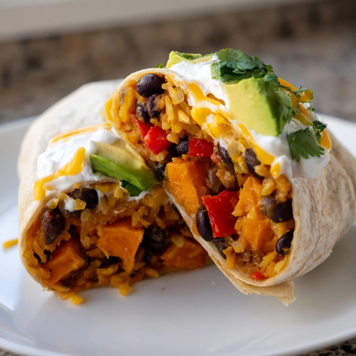 A skillet of Roasted Sweet Potato and Black Bean Burritos mix with lime wedges, ready to be wrapped.