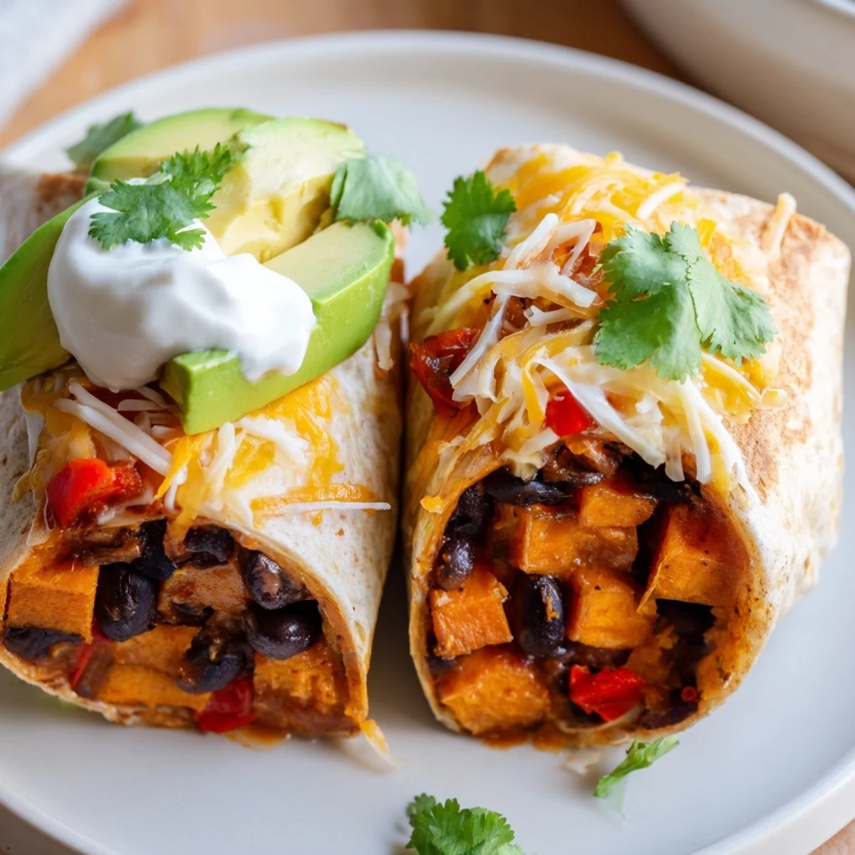 Two golden Roasted Sweet Potato and Black Bean Burritos cut in half, revealing avocado slices and melty cheese.