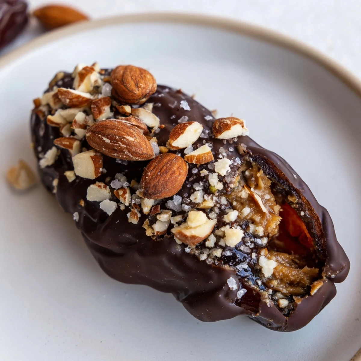 Golden-brown, sticky dates stuffed with creamy almond butter and half-dipped in dark chocolate, sprinkled with chopped roasted almonds on a white plate. 