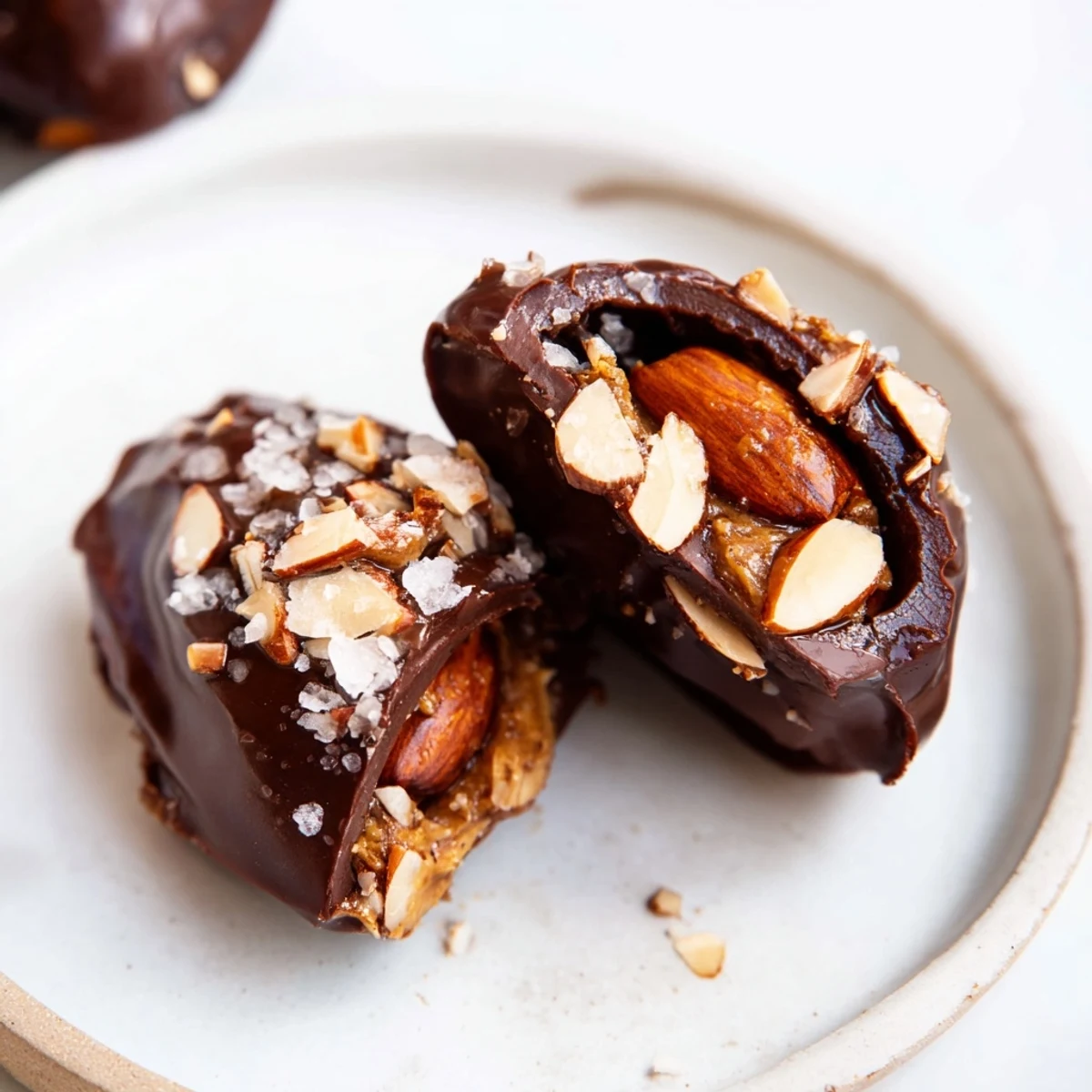 Close-up of a bite-sized Chocolate Covered Dates Stuffed with Almond Butter, revealing a smooth nut butter filling inside a rich chocolate shell.