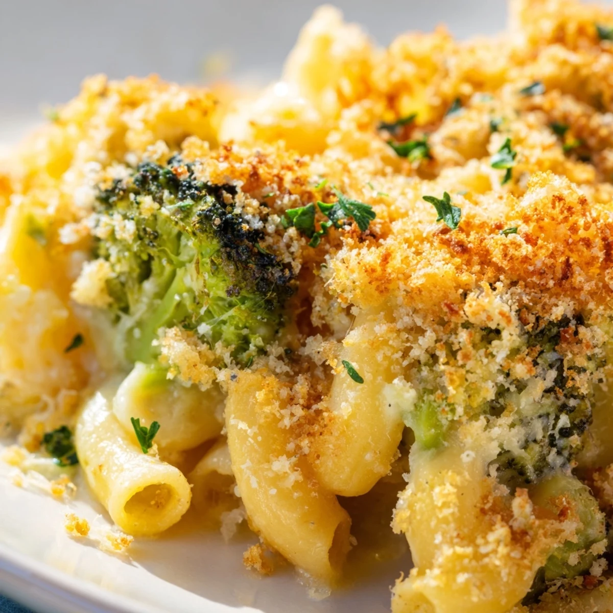 Freshly baked Baked Macaroni and Cheese with Broccoli emerges from the oven with a golden, crispy breadcrumb crust and bubbling cheese.
