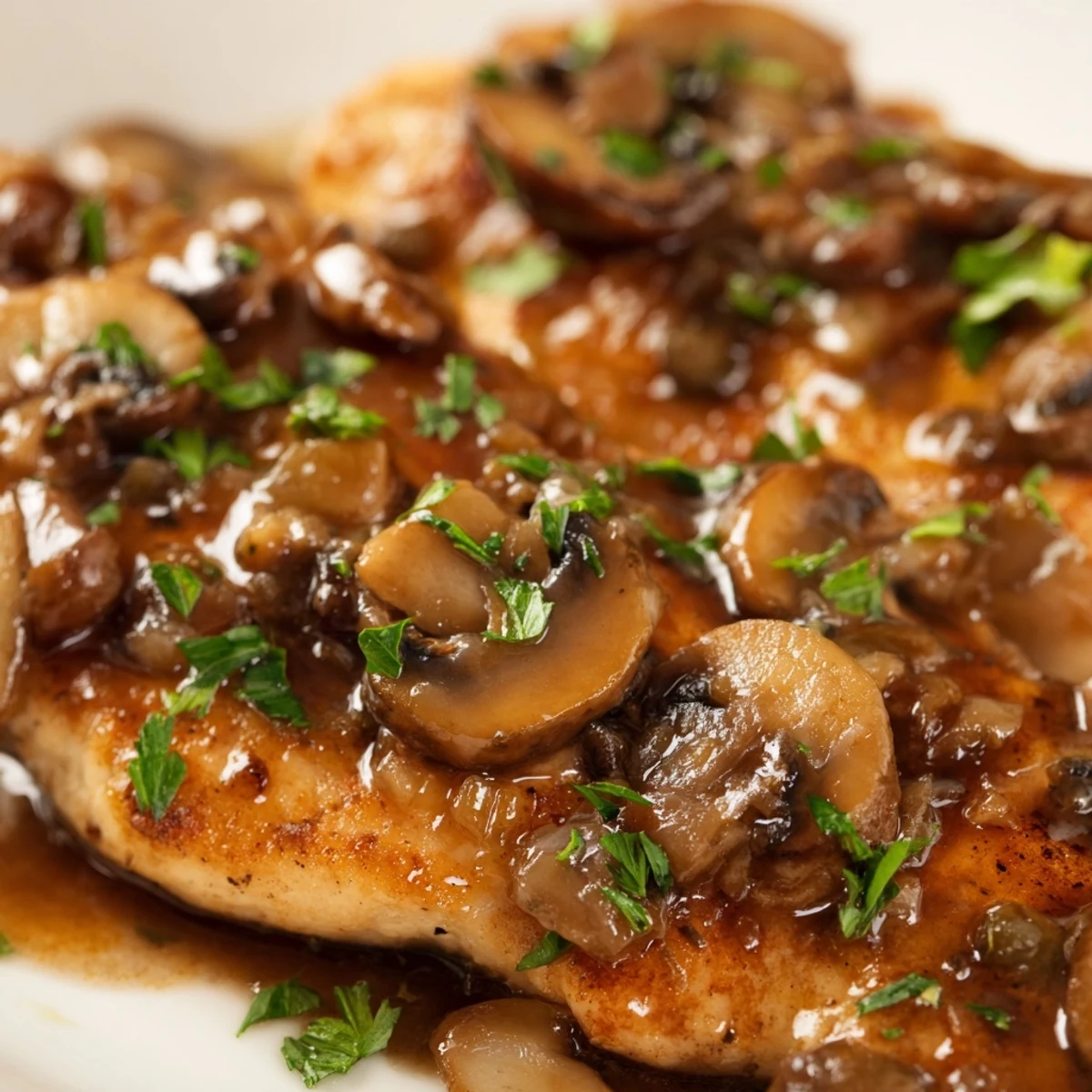 Golden-brown Chicken Marsala with Mushrooms, simmered in a rich, savory sauce and garnished with fresh parsley.