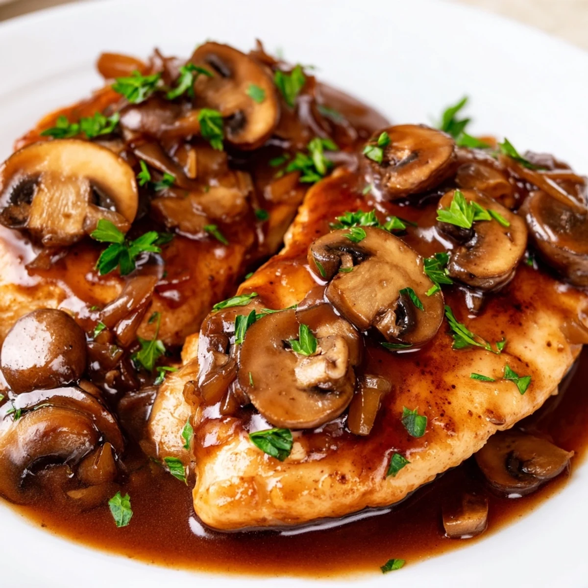 Juicy pan-seared Chicken Marsala with Mushrooms over creamy mashed potatoes, drizzled with a glossy, dark brown sauce.