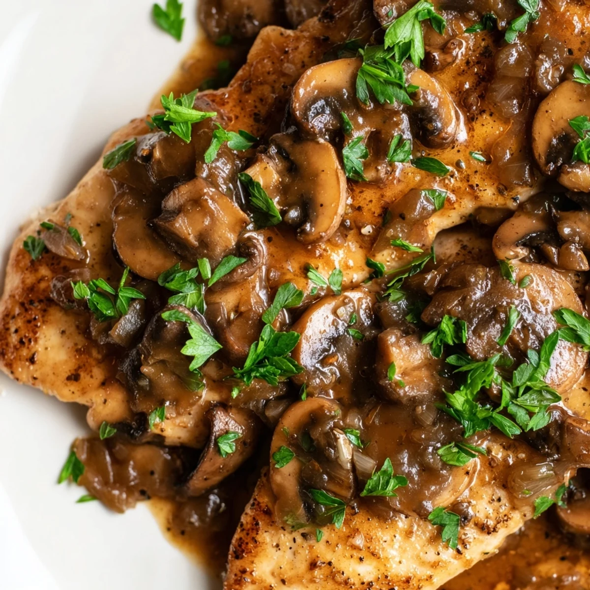 Tender Chicken Marsala with Mushrooms on a white plate, served with buttery pasta and fresh parsley garnish.
