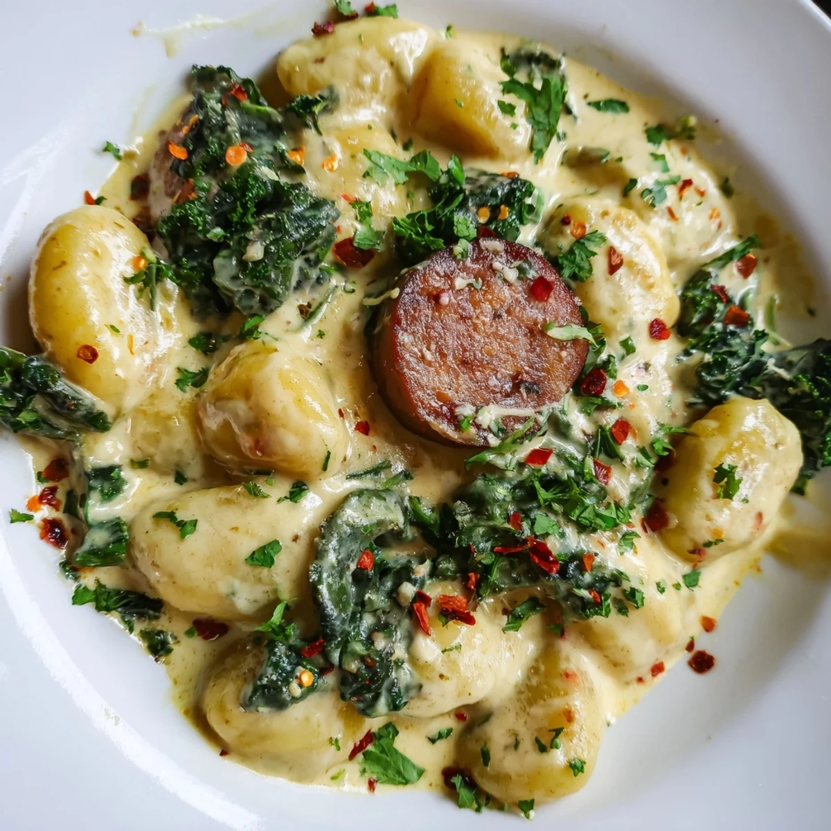 Creamy Gnocchi with Sausage and Kale in a skillet garnished with fresh parsley, ready to serve.