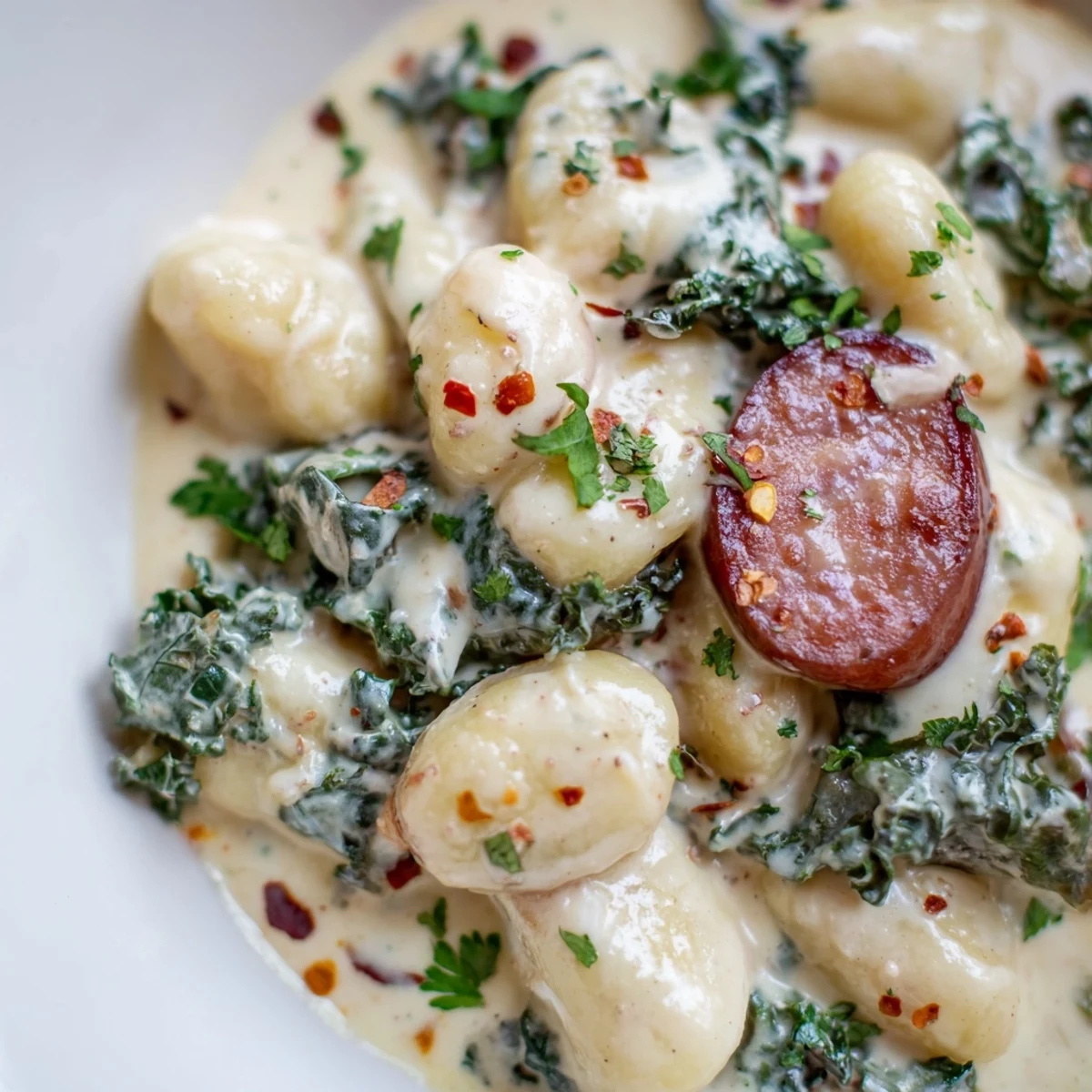 Steaming bowl of Creamy Gnocchi with Sausage and Kale featuring colorful kale and rich Parmesan sauce.