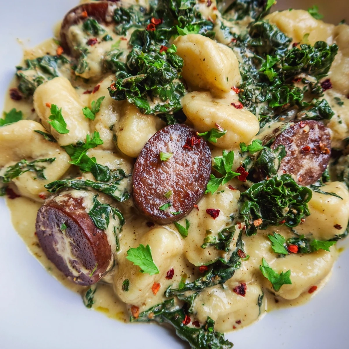 Close-up of Creamy Gnocchi with Sausage and Kale showing golden gnocchi, savory sausage, and garlic cream sauce.