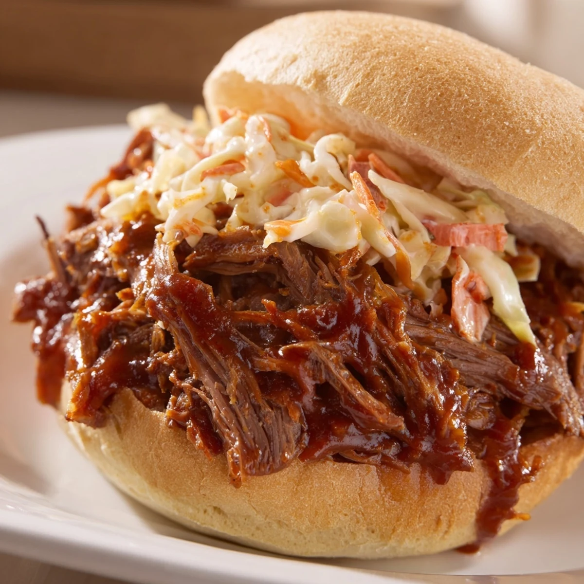 Savory Slow Cooker Pulled Beef Sandwiches with a zesty coleslaw topping, captured in rustic kitchen lighting.