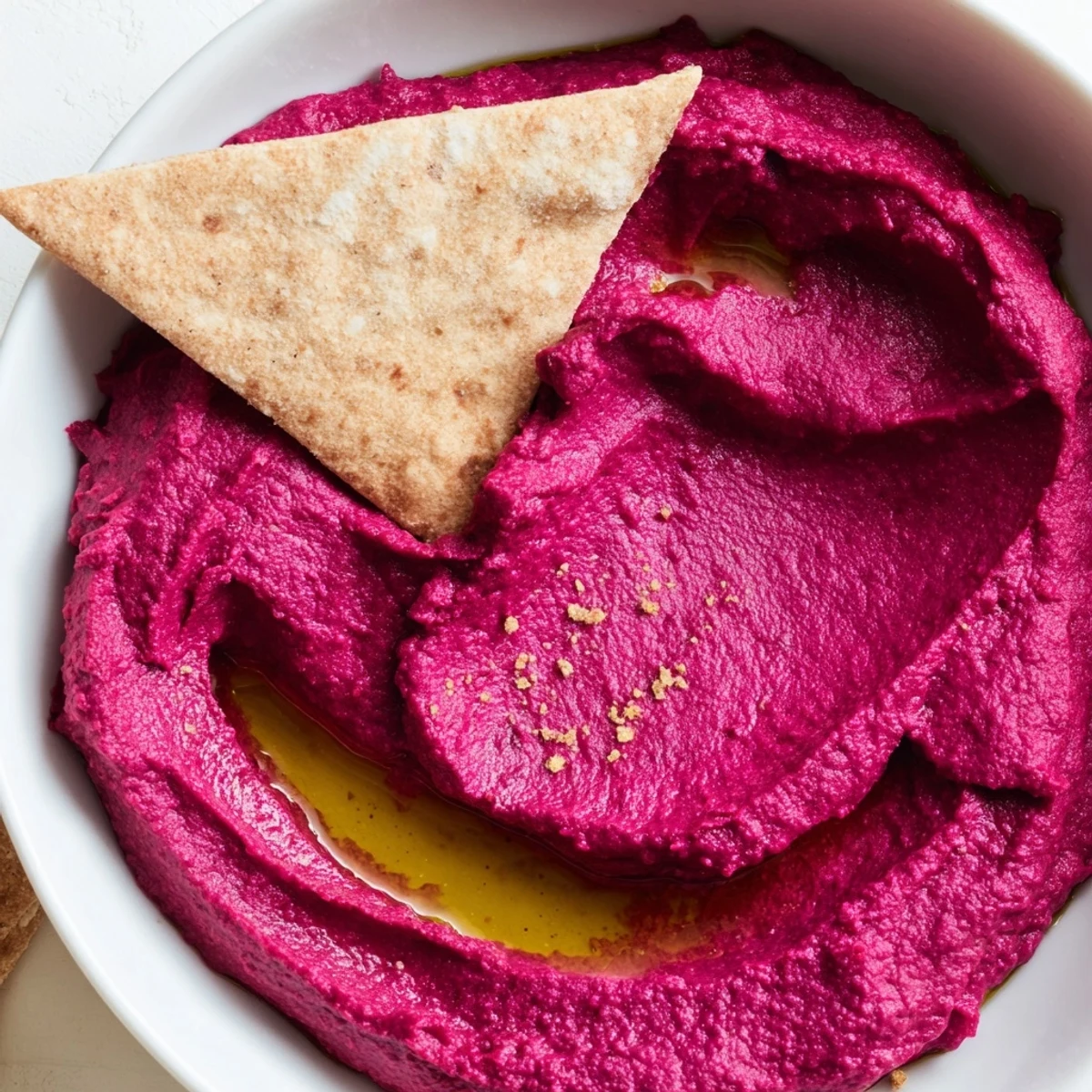 A bowl of creamy Roasted Beet Hummus garnished with sesame seeds, served alongside crunchy baked pita triangles.