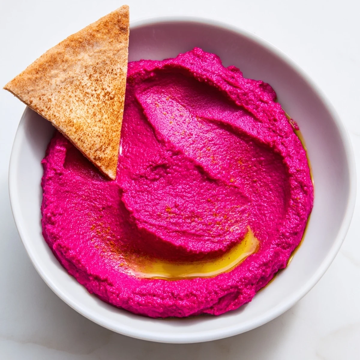 Vibrant pink Roasted Beet Hummus topped with olive oil, paired with golden, crispy homemade pita chips for dipping.