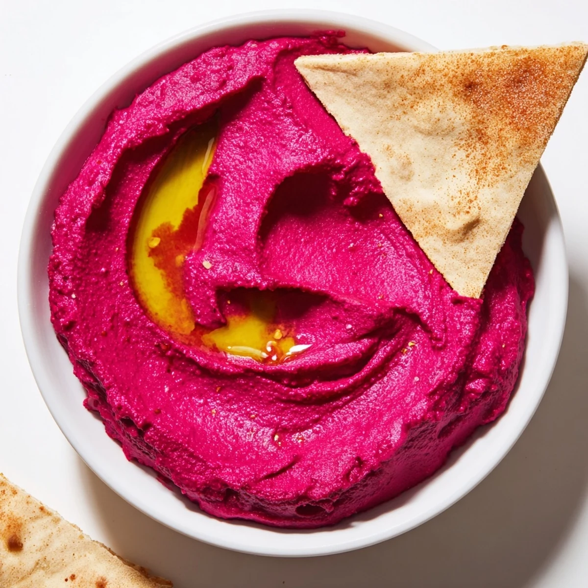 Colorful Roasted Beet Hummus and crispy pita chips on a rustic wooden board, a perfect vegan appetizer platter.