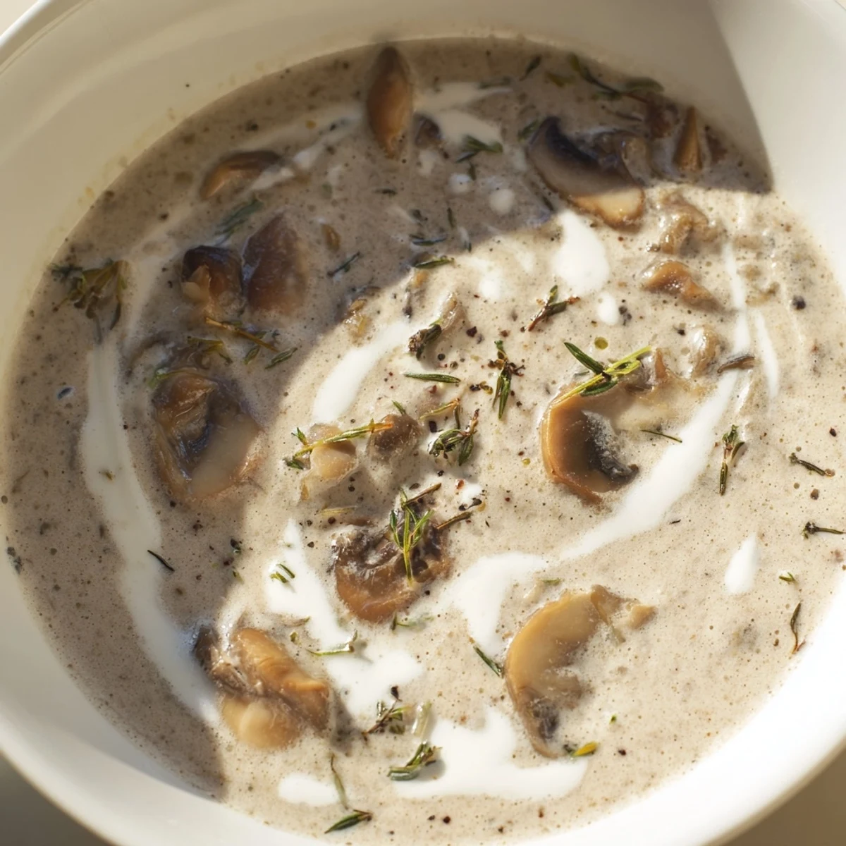 Creamy Mushroom Soup with Fresh Thyme and Cream, served steaming hot with a drizzle of cream and fresh thyme garnish.