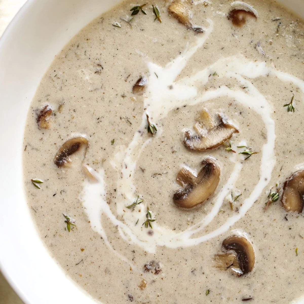 A bowl of Creamy Mushroom Soup with Fresh Thyme and Cream, paired with crusty bread for dipping on a cozy evening.