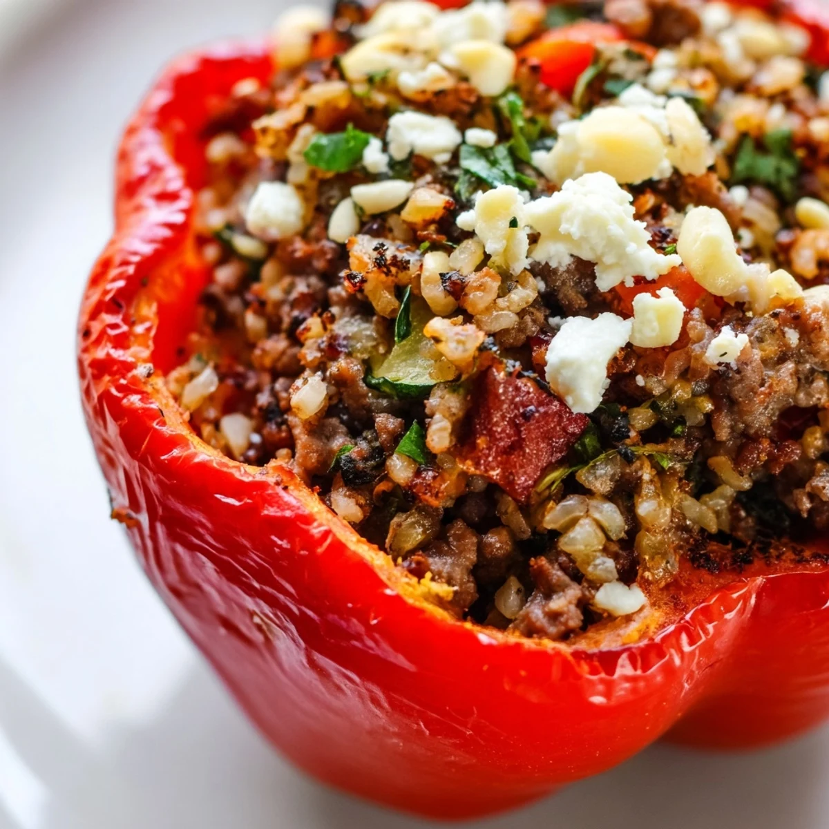 Roasted red and yellow bell peppers stuffed with savory ground beef, rice, and Mediterranean herbs, topped with crumbled feta and golden pine nuts.