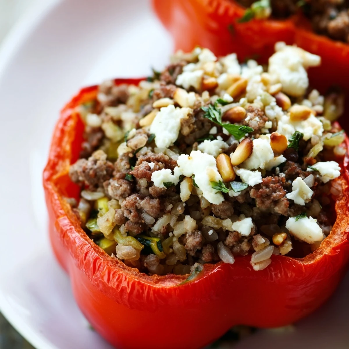 Golden-baked Mediterranean Stuffed Bell Peppers with Ground Beef, featuring a hearty beef and vegetable filling, topped with bubbling feta and fresh parsley.