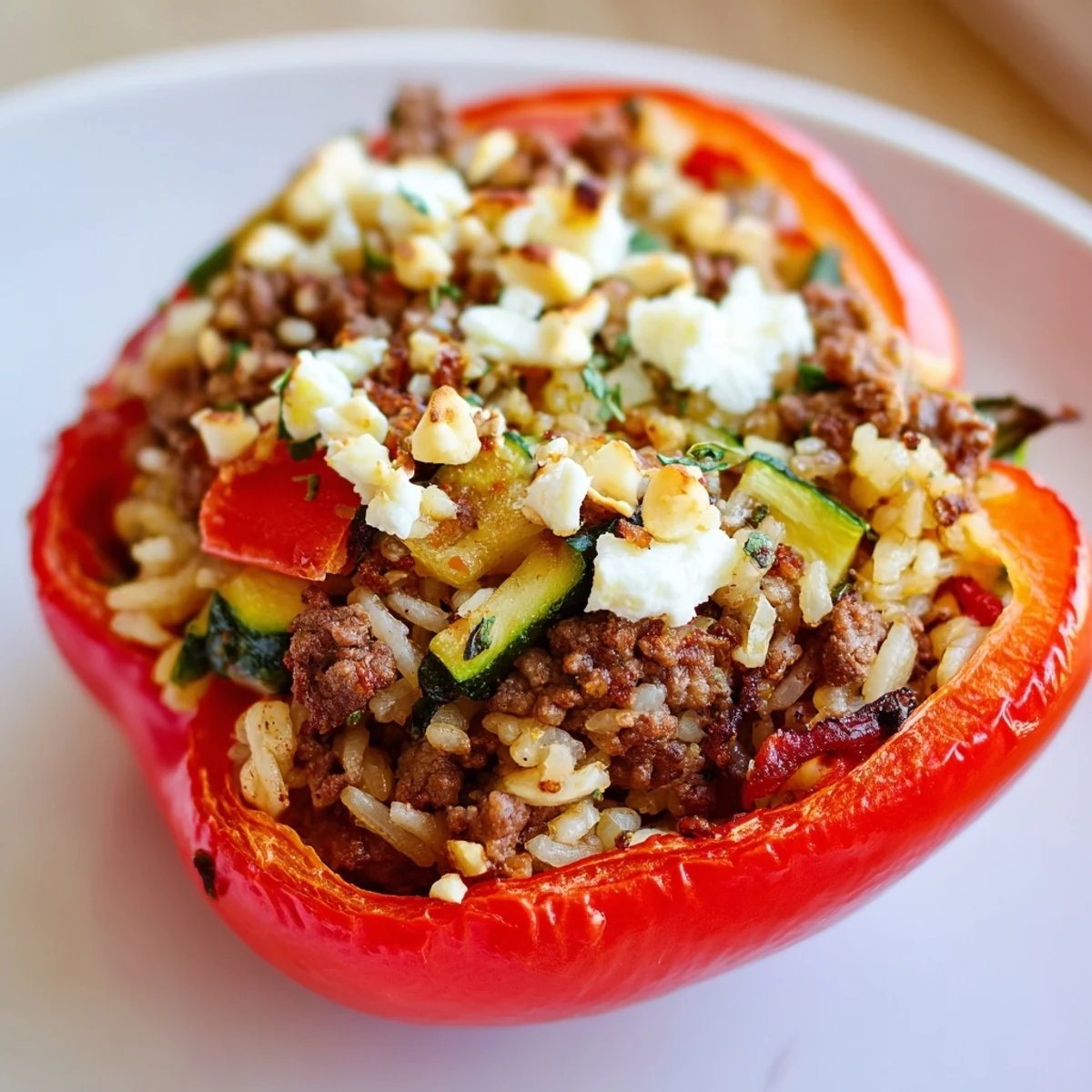 Tender Mediterranean Stuffed Bell Peppers with Ground Beef, filled with spiced meat and rice, presented fresh from the oven on a rustic plate.