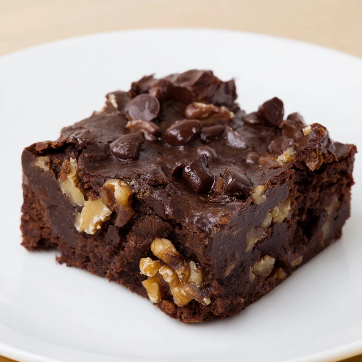 Freshly baked Chocolate Fudge Brownies with Chopped Walnuts on a white plate, featuring a moist, fudgy interior and generous crunchy nut topping.