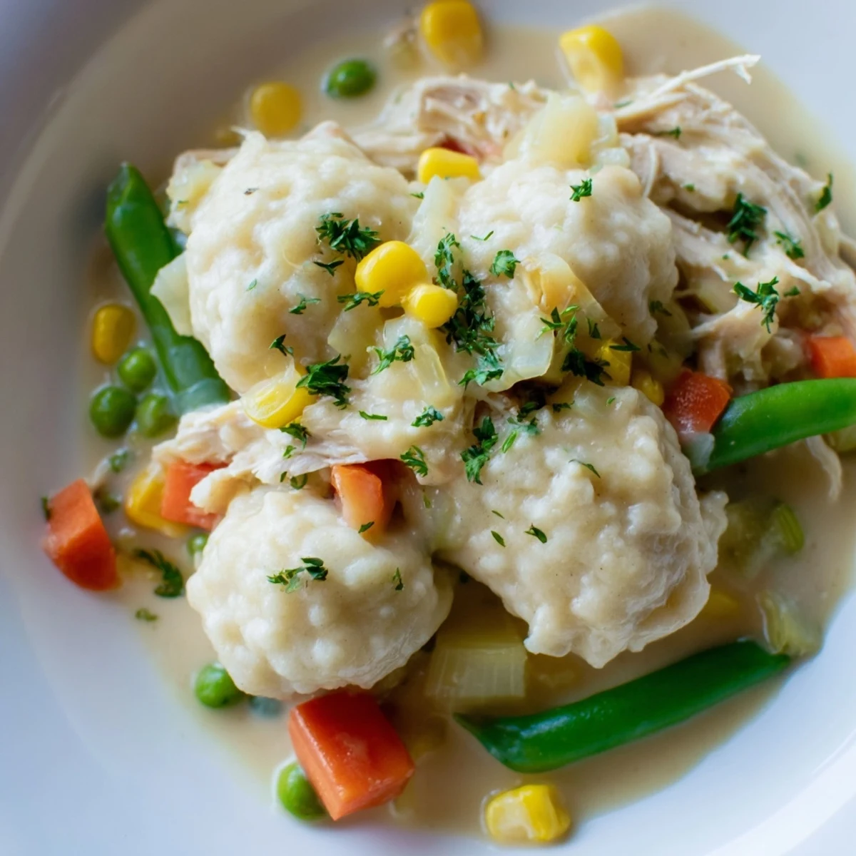 Slow Cooker Chicken and Dumplings with Vegetables served steaming hot in a rustic bowl, with fluffy dumplings, tender chicken, and colorful veggies in a creamy broth.
