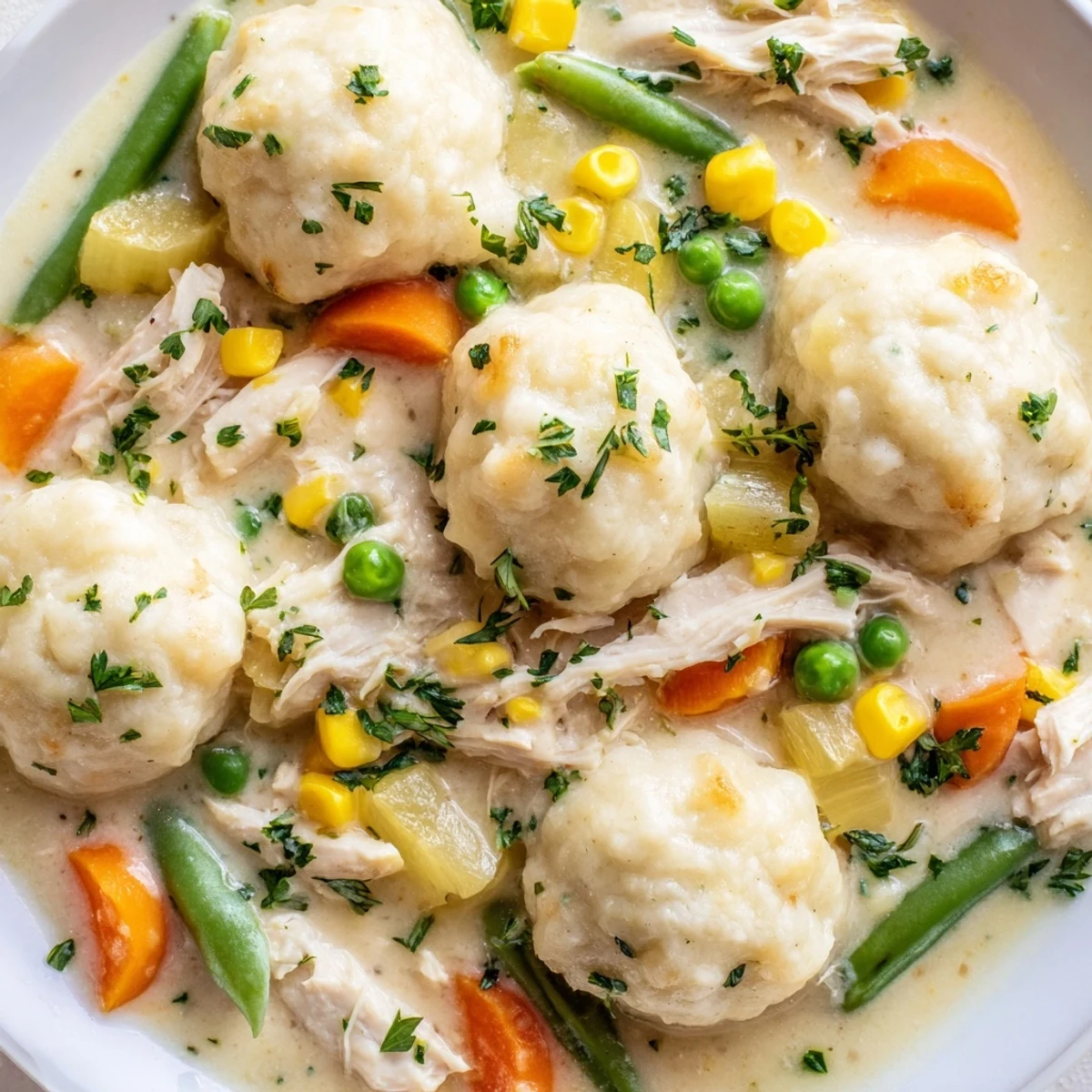 Spoon lifting a portion of Slow Cooker Chicken and Dumplings with Vegetables, revealing tender shredded chicken, green beans, and corn in a hearty stew.