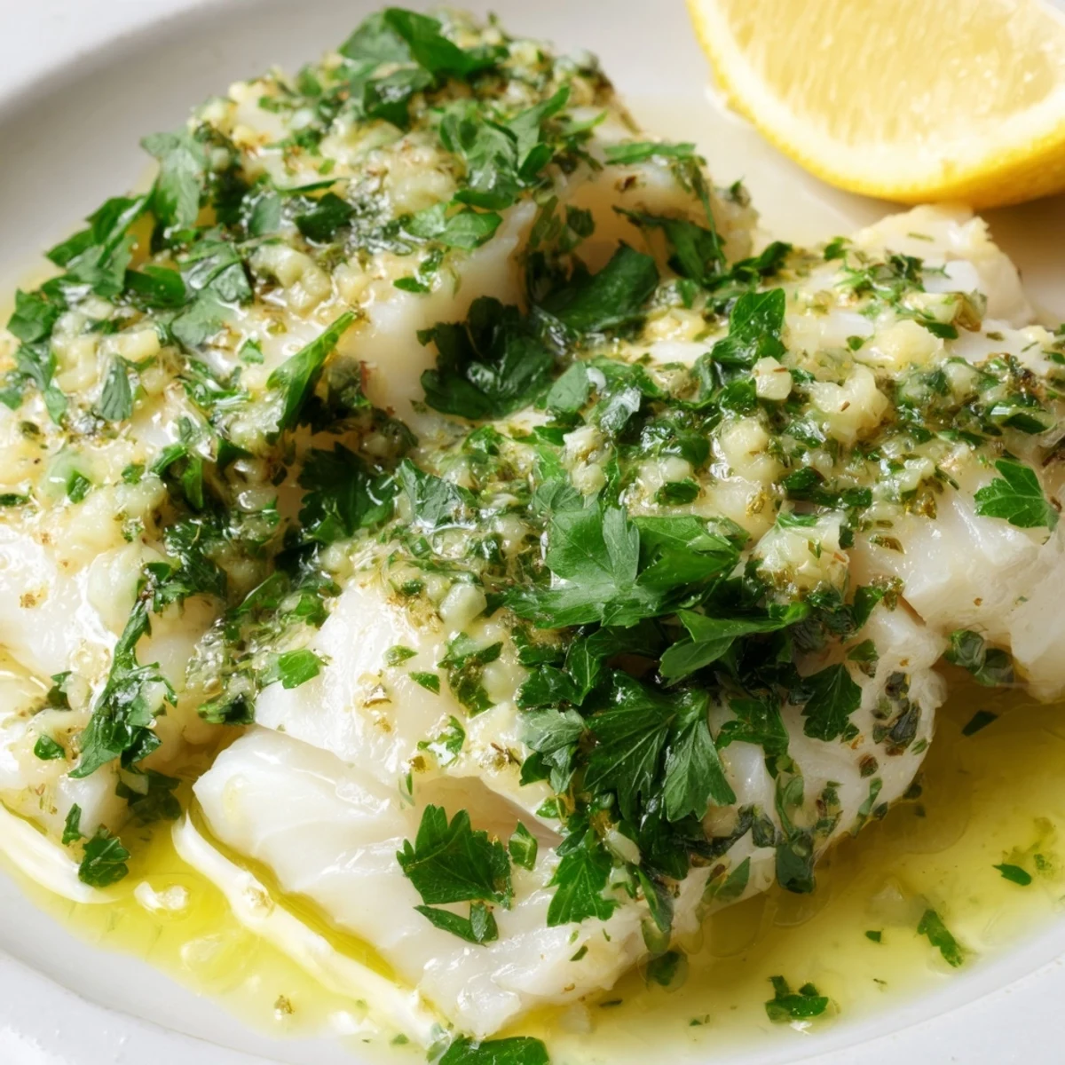Golden, flaky Baked Cod with Garlic Butter and Fresh Parsley sizzling in a ceramic dish, garnished with vibrant green herbs and lemon wedges.