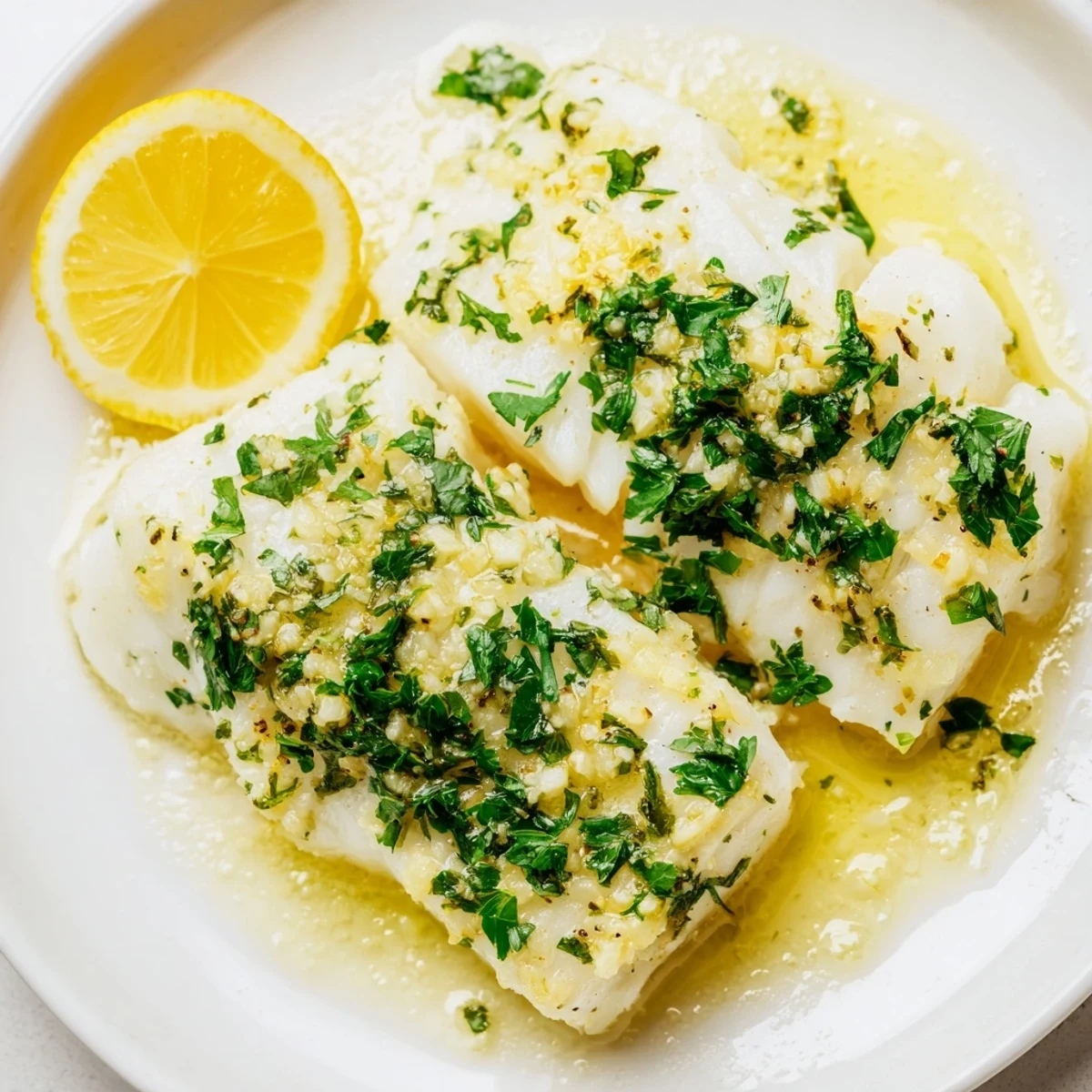 A close-up view of tender Baked Cod with Garlic Butter and Fresh Parsley, showcasing the flaky texture and buttery garlic sauce.