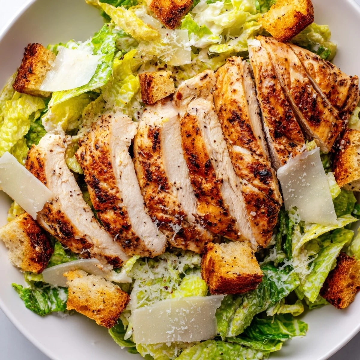 Juicy grilled chicken breast slices rest on crisp romaine lettuce, topped with crunchy croutons and shaved Parmesan for this Chicken Caesar Salad.