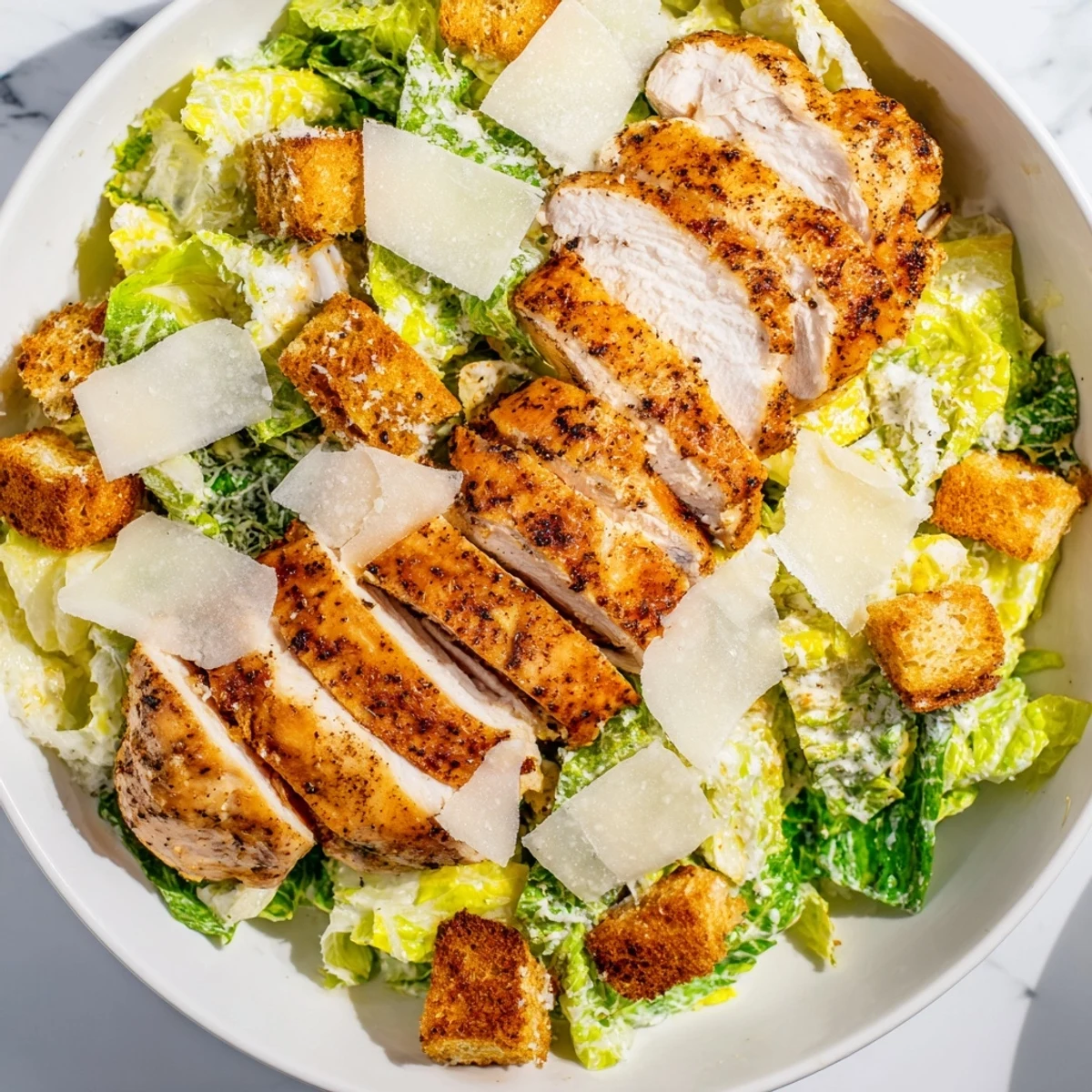 A bowl of Chicken Caesar Salad features creamy dressing, golden croutons, and tender grilled chicken, perfect for a satisfying lunch or light dinner.