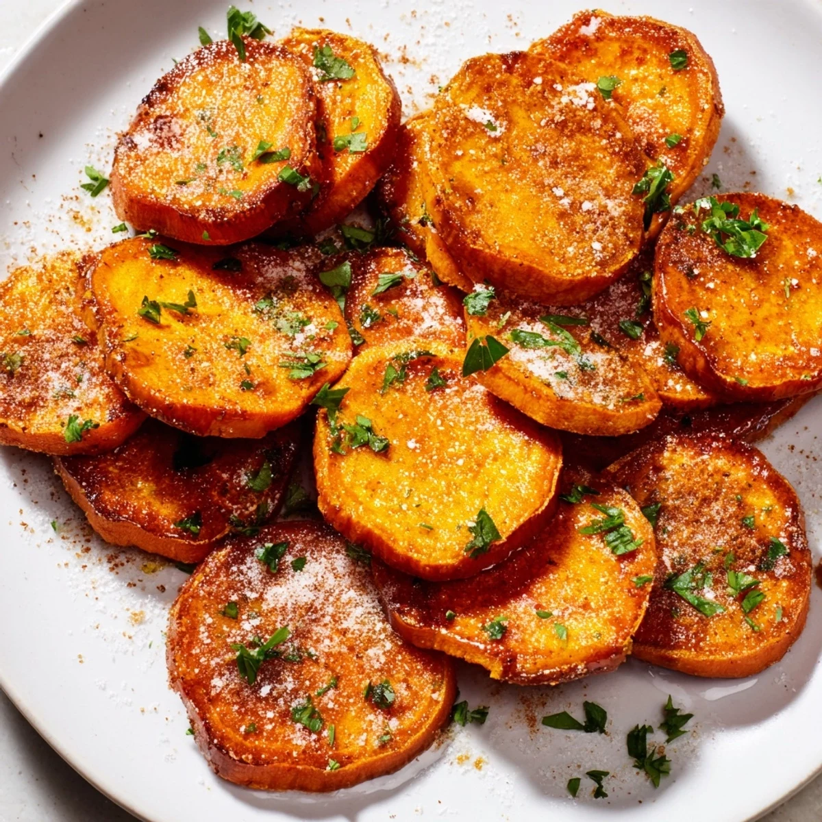Crispy Sweet Potatoes with Cinnamon Sugar are garnished with parsley on a white platter.