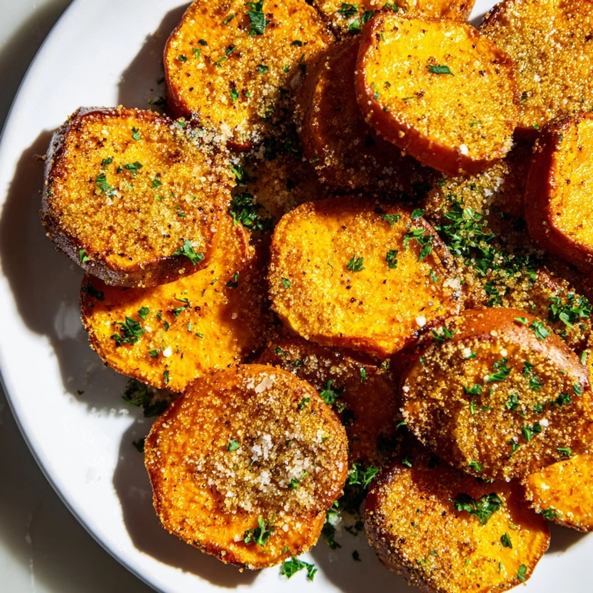 Golden brown Crispy Sweet Potatoes with Cinnamon Sugar glisten with melted butter.