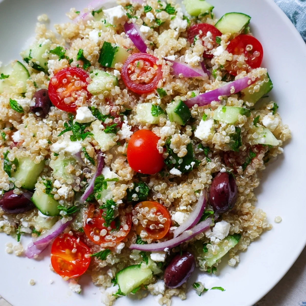Colorful Mediterranean Quinoa Salad topped with Kalamata olives and fresh parsley on a rustic wooden table.
