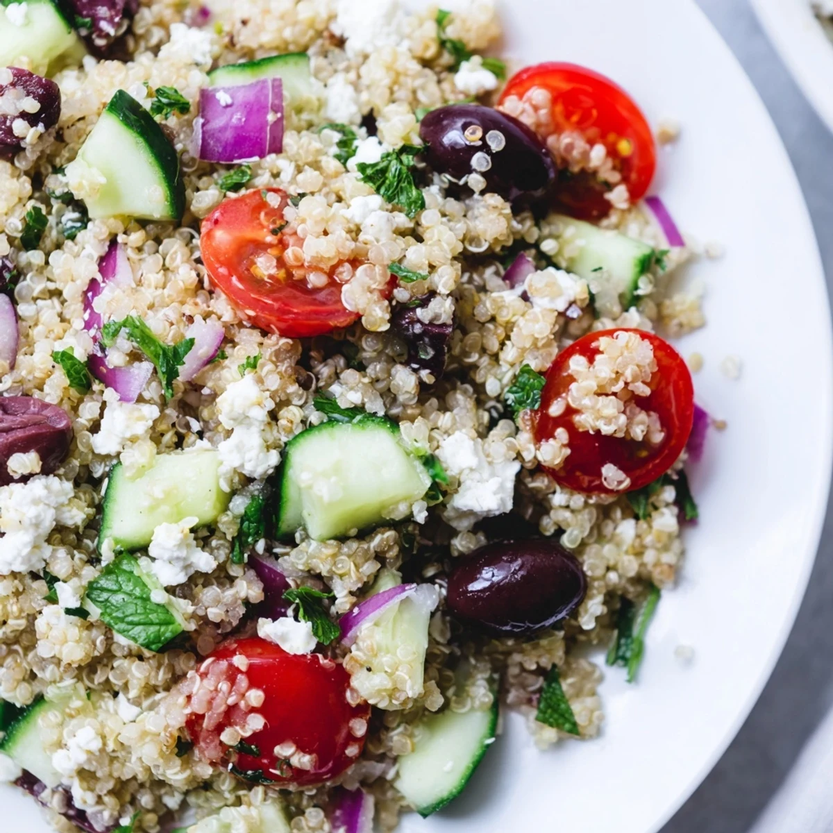 Close-up of fluffy Mediterranean Quinoa Salad with tangy feta and a lemon-oregano vinaigrette drizzle.