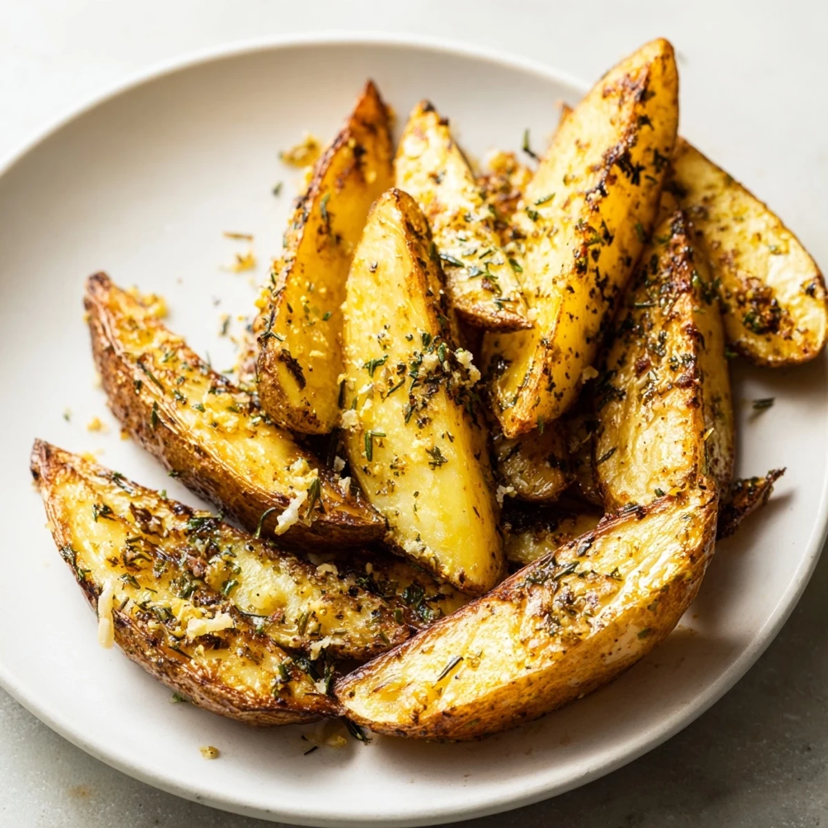 Golden roasted Lemon Potatoes with Fresh Rosemary garnished with fresh herbs and lemon wedges on a rustic platter.