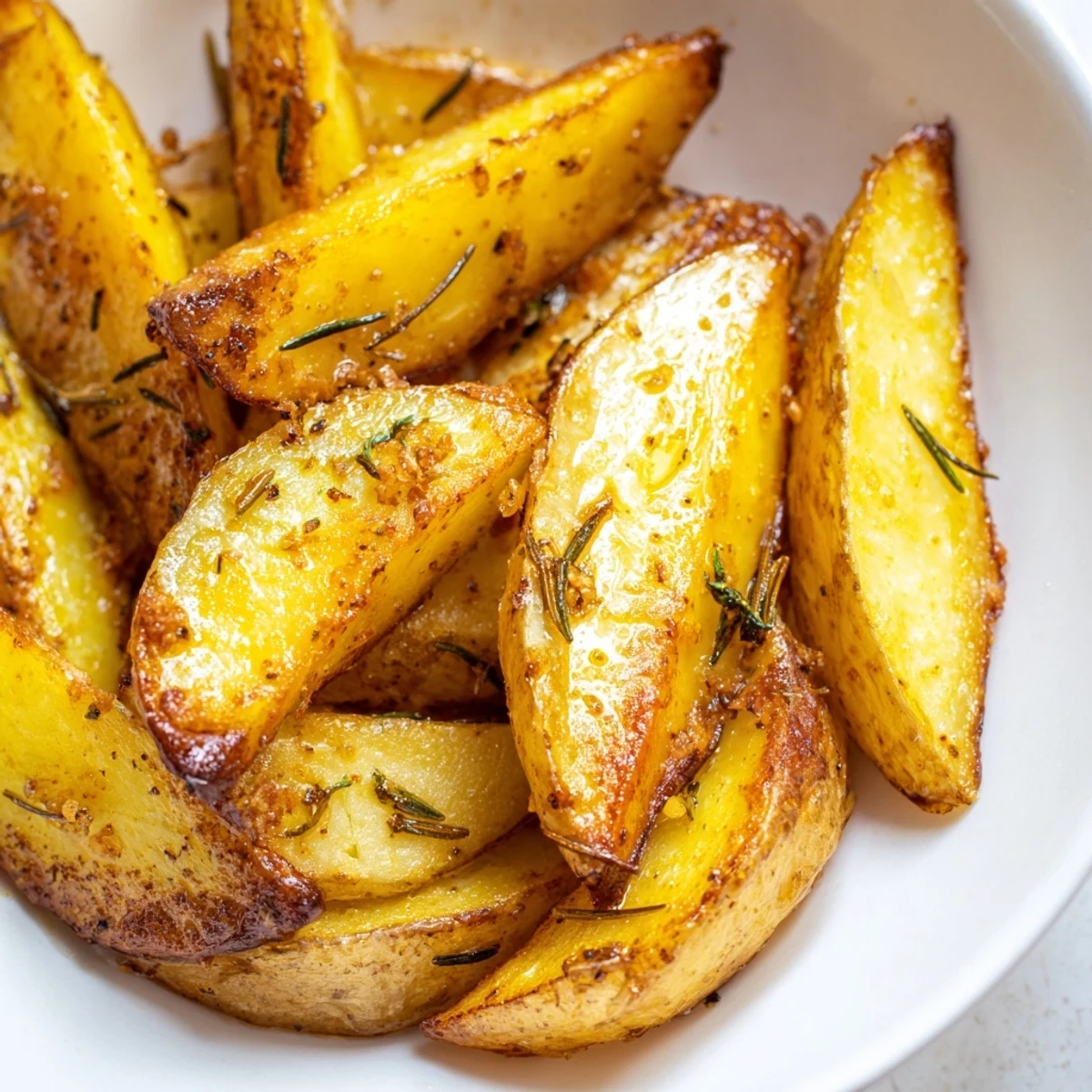 A close-up of crispy-edged Lemon Potatoes with Fresh Rosemary showing tender insides, served alongside grilled salmon and roasted vegetables.