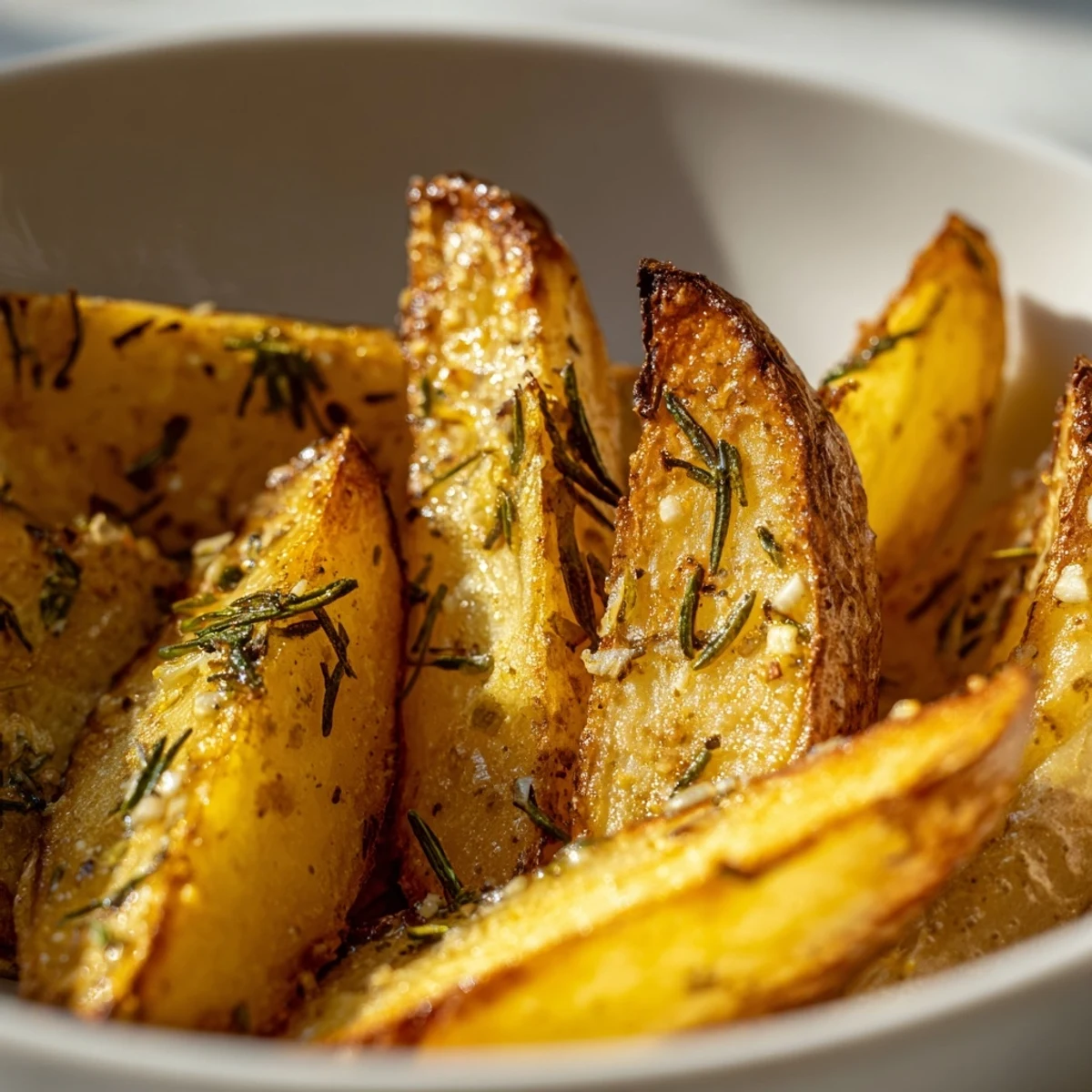 Steaming Lemon Potatoes with Fresh Rosemary on a white plate with scattered rosemary sprigs and a bright lemon wedge.