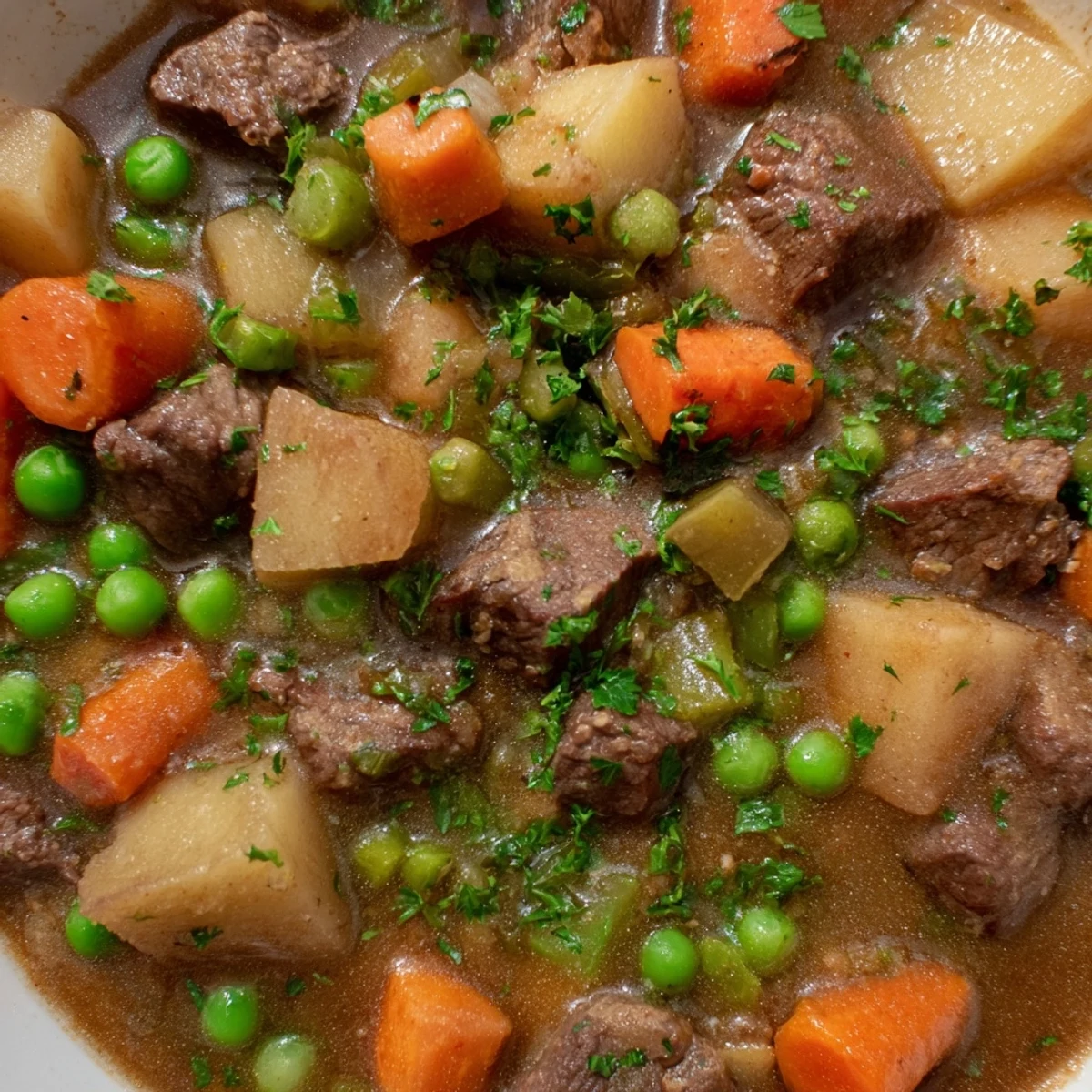 Steaming Slow Cooker Beef and Vegetable Stew with tender beef chunks, carrots, and potatoes served in a rustic bowl.