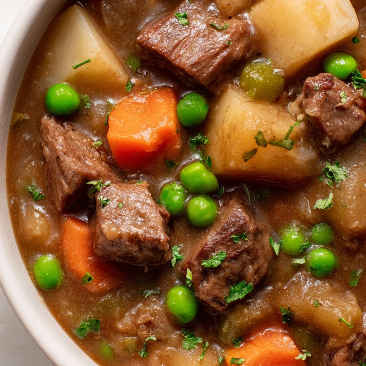 A close-up of Slow Cooker Beef and Vegetable Stew, garnished with fresh parsley and featuring rich, thick savory broth.