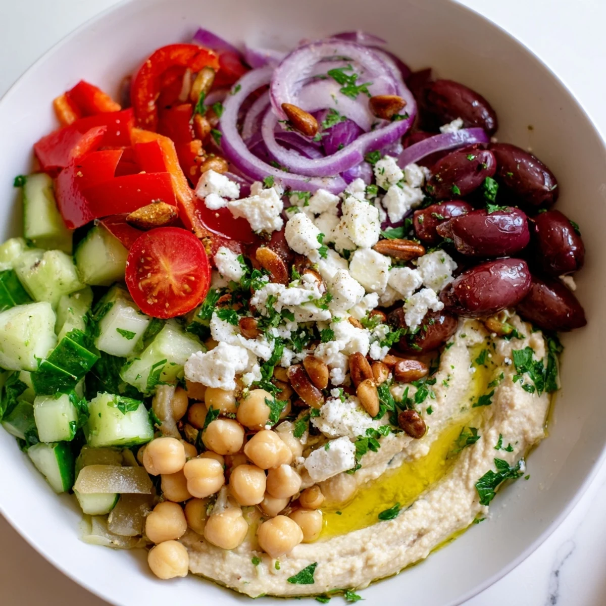 Vibrant Mediterranean Salad with Hummus piled high on a platter, featuring crisp cucumbers, cherry tomatoes, and crumbled feta cheese.