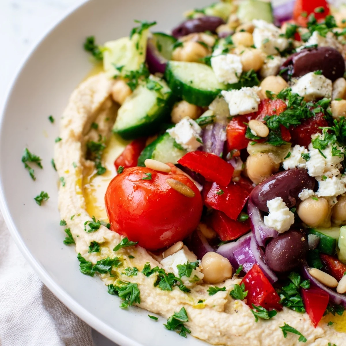 A close-up of Mediterranean Salad with Hummus, featuring a drizzle of olive oil, parsley garnish, and pine nuts on the side.