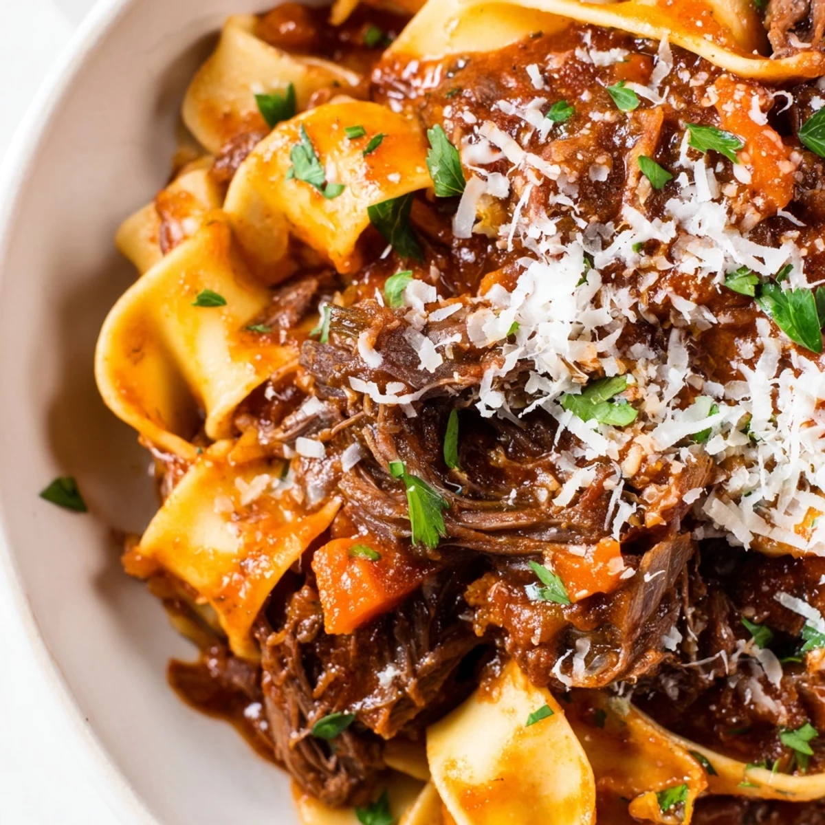 Hearty Italian-inspired Slow Cooker Beef Ragu, featuring fork-tender beef chunks in a savory, herb-infused tomato-based sauce.