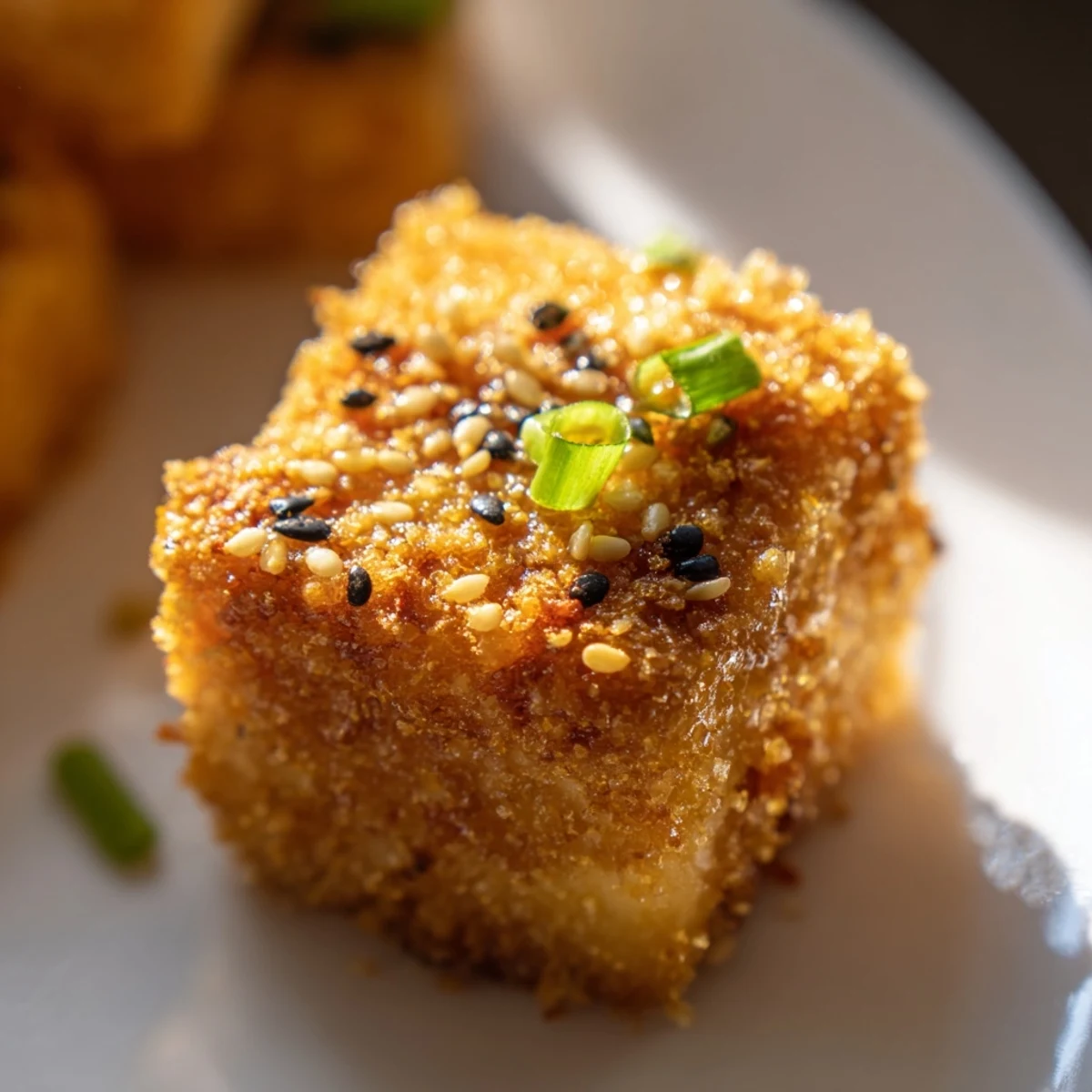 Golden, crispy Crispy Air Fryer Tofu cubes with a tender center, served hot as a snack or salad protein.
