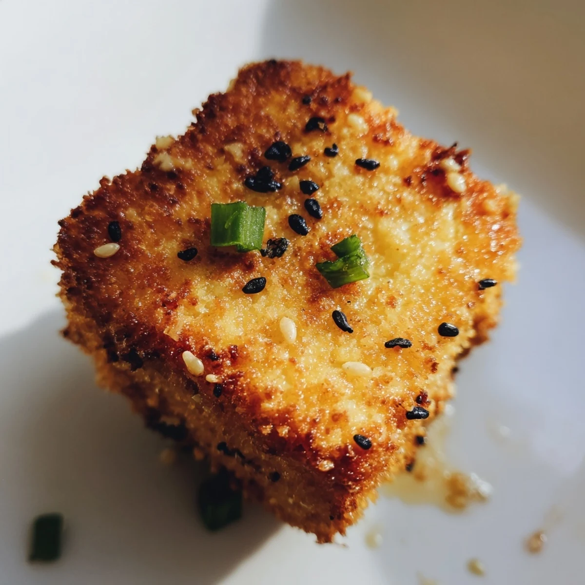Perfectly golden Crispy Air Fryer Tofu garnished with sesame seeds and green onions, ready to enjoy with spicy mayo.