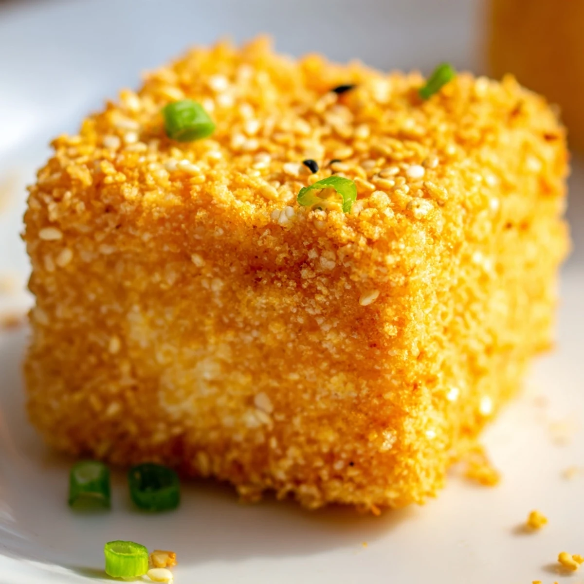 Golden-brown Crispy Air Fryer Tofu piled high in a bowl, ideal for serving over rice and steamed vegetables.
