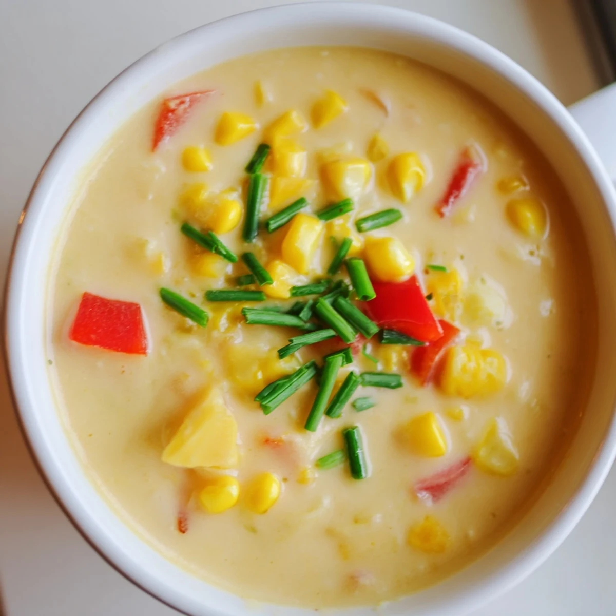 Creamy Corn Chowder with Peppers steams in a rustic bowl, garnished with fresh chives and a swirl of cream beside a piece of crusty bread.  